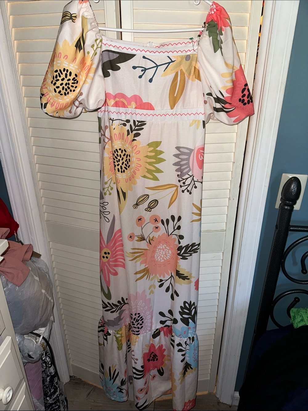 Off-Shoulder Floral Maxi Dress in Cream and Pink